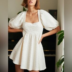 Patterned White Puff Sleeve Mini Dress